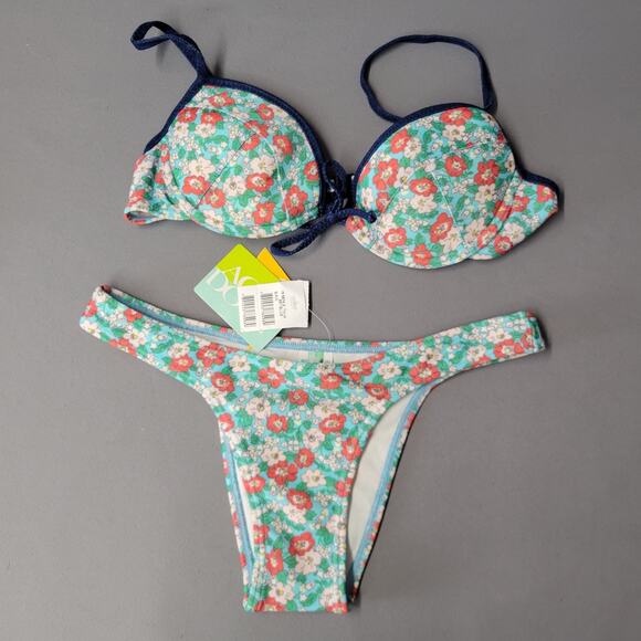 Agua Doce Brazilin Cheeky Bikini Swimsuit Womens M Blue Floral Underwire Padded - Picture 2 of 16